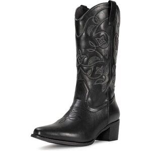 ⭐ IUV Women's Cowboy Boots | Western Embroidered Pointy Toe Mid-Calf Boots